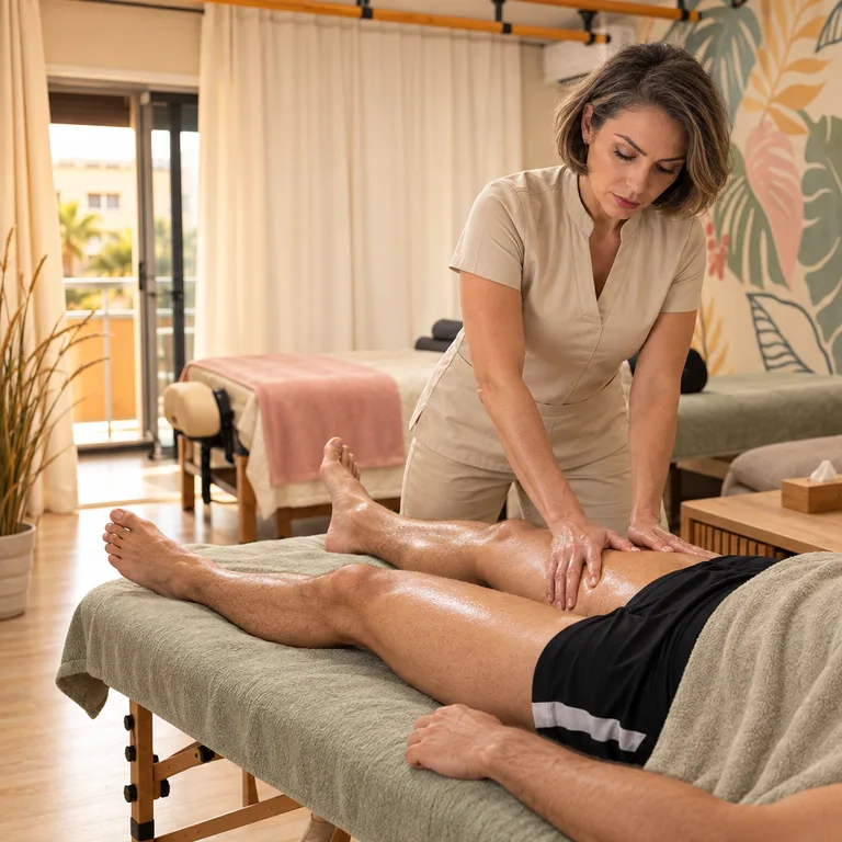 Massage sportif à Cannes — travail des jambes sur table, illustration de la séance
