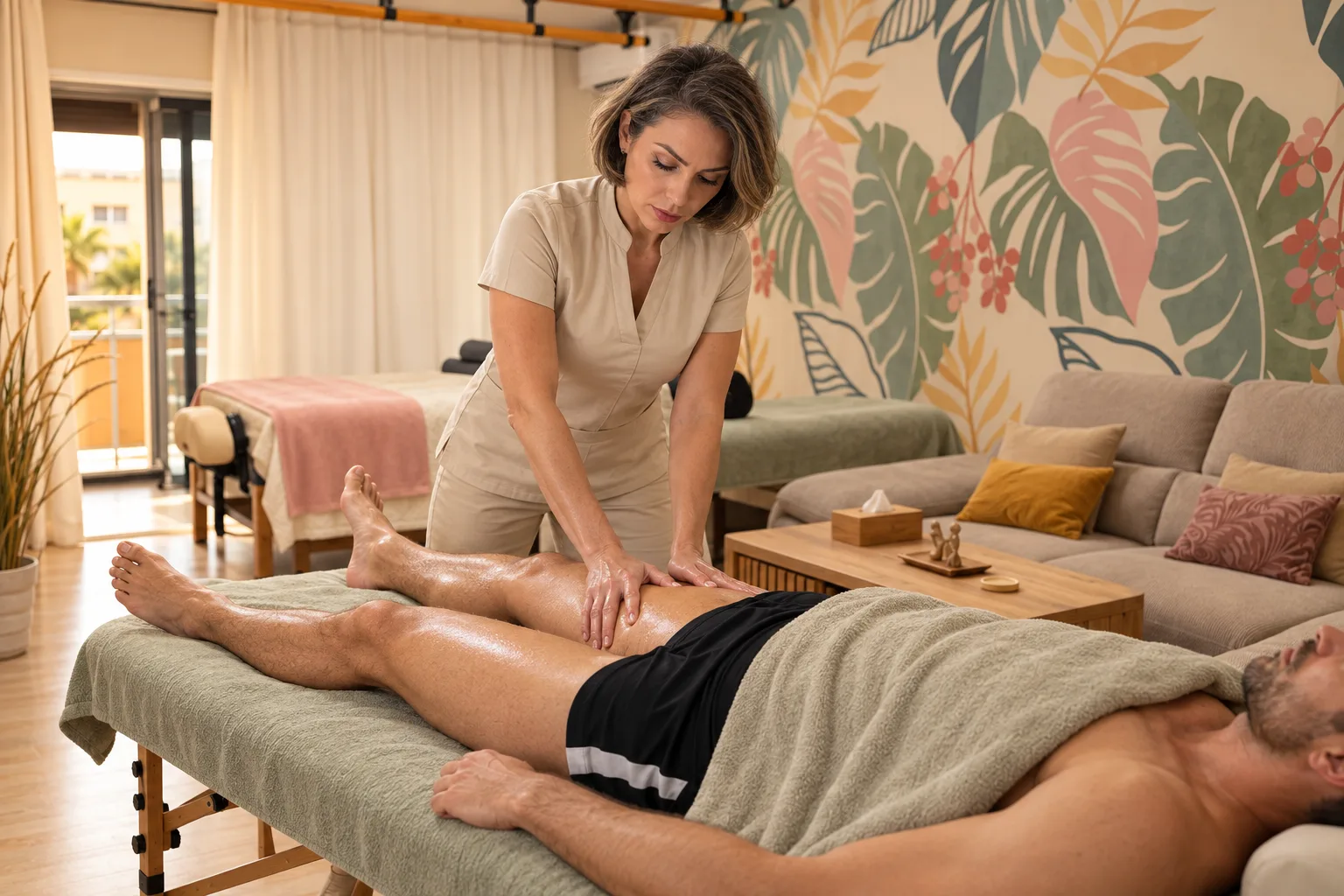 Massage sportif à Cannes — travail des jambes sur table, illustration de la séance